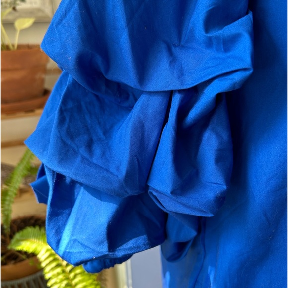 Scoop neck 100%cotton mini dress pullover solid blue ruched sleeves - Picture 4 of 12